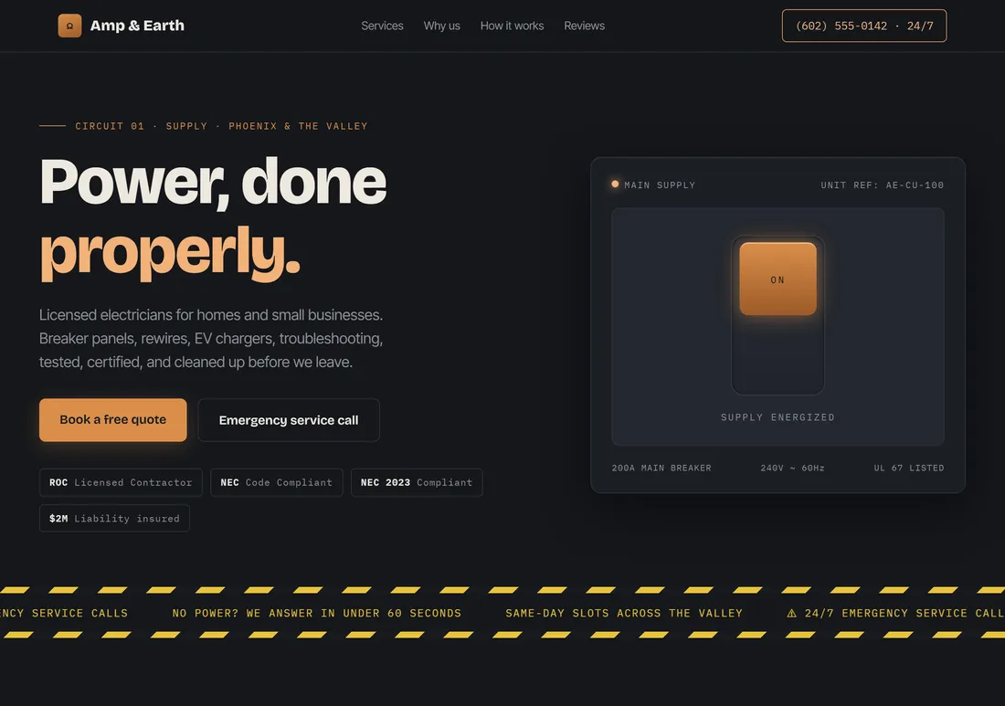 Amp & Earth Electrical website, built by ProWebs