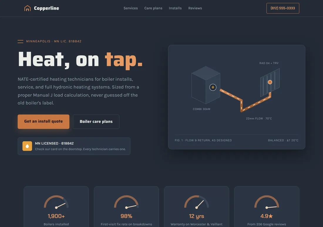 Copperline Heating & Plumbing website, built by ProWebs
